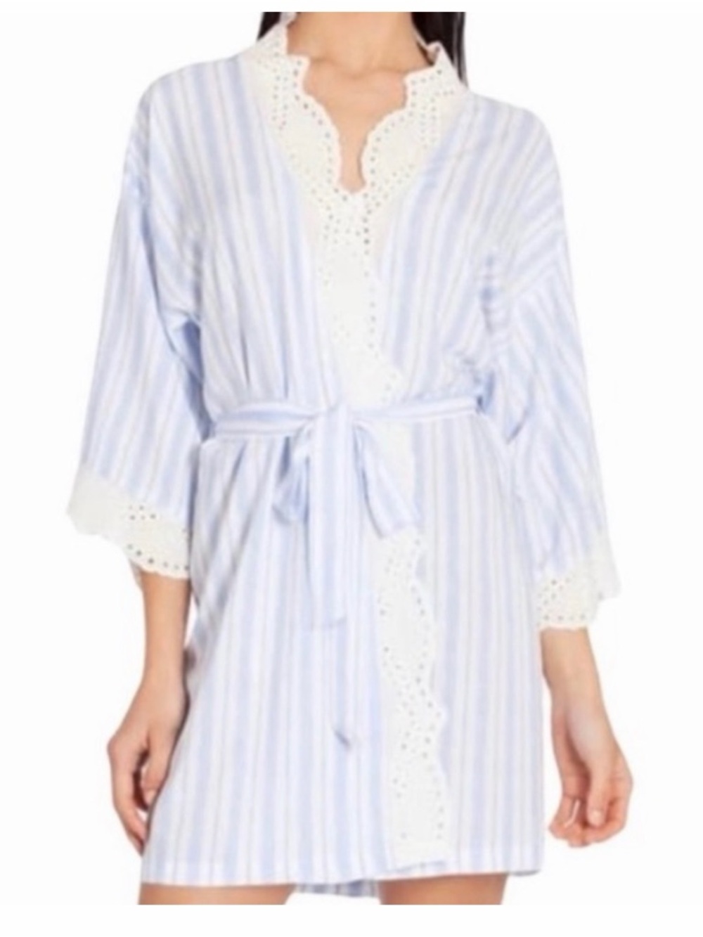 La Senza Blue White Striped Cotton Eyelet Lace Trim Short Wrap Robe Small